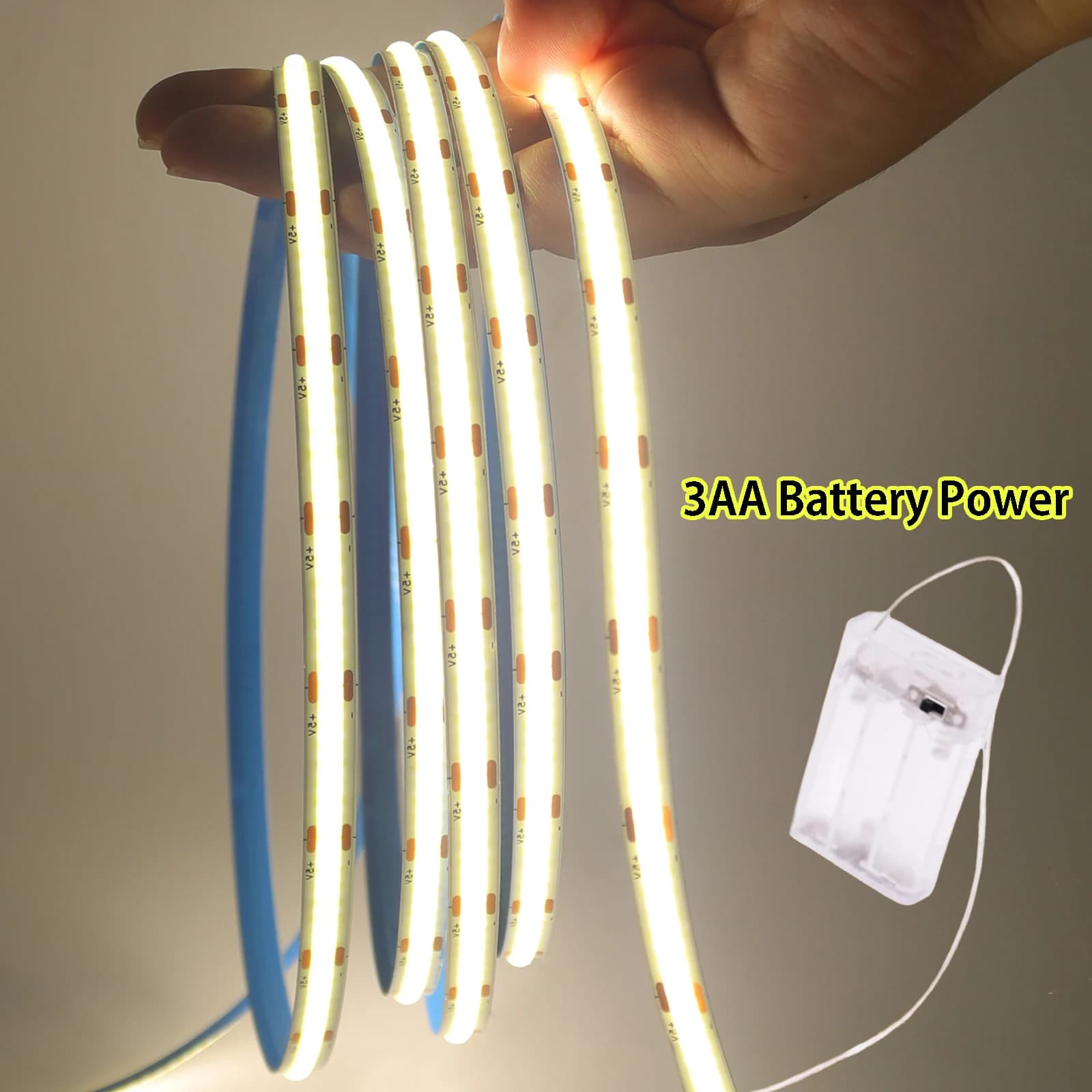 3AA Alimentazione a batteria COB Striscia LED 5V 320LED/M 1m 2m 3m 4m 5m Striscia luminosa flessibile fai da te per camera da letto Armadio TV Retroilluminazione