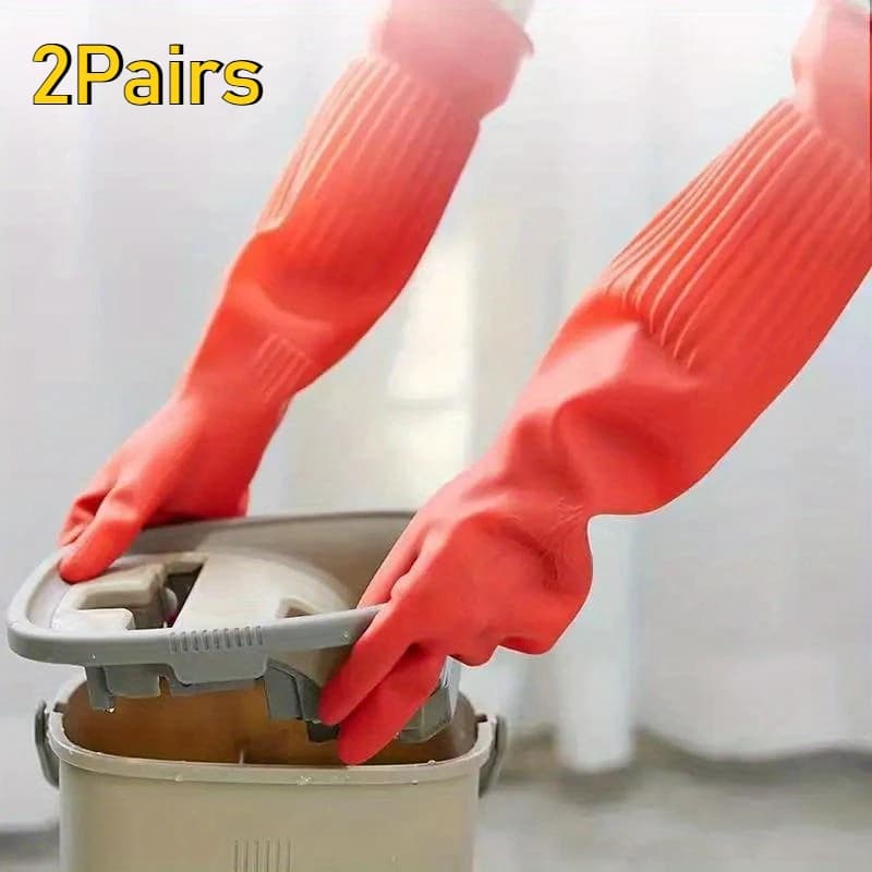 2Pairs Latex Gloves Extra Long Thick Nonslip Wearresistant Kitchen Housework Cleaning Car Washing Clothes Rubber Gloves