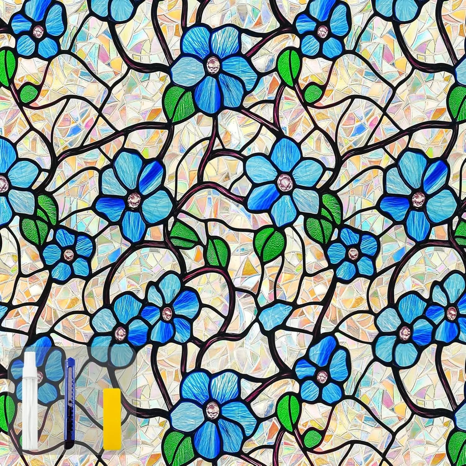 Pellicola decorativa per finestre in vetro colorato con strumento di installazione, adesivo per finestre riutilizzabile per la privacy (Indigo Rainbow, 45,2 x 78,7)