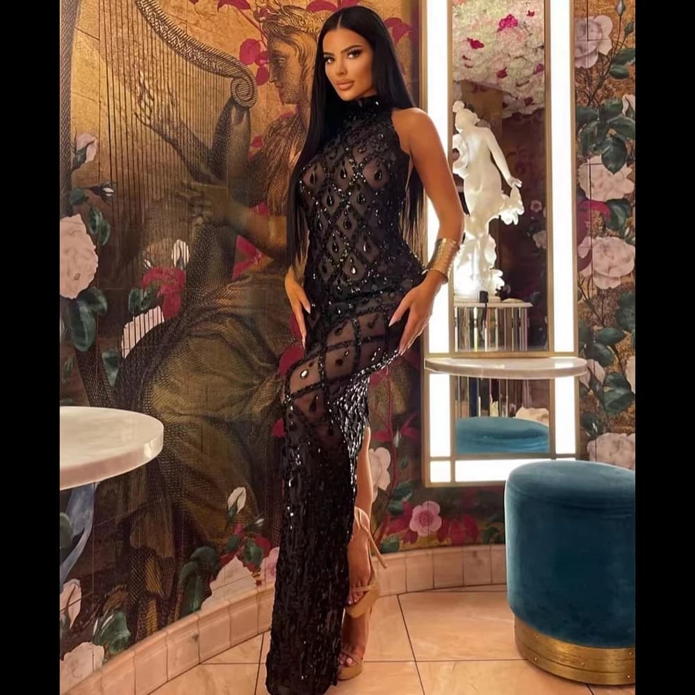 Abito Lungo Scintillante con Paillettes e Strass, Sexy per Celebrazioni, Serate, Matrimoni, Balli di Gala, Eventi, Compleanni, Servizi Fotografici, Costume da Palcoscenico