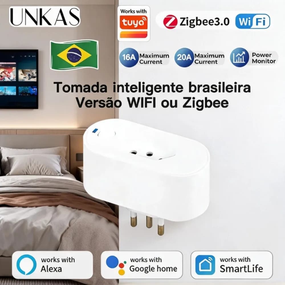 UNKAS Works with Tuya 20A Brazil Zigbee / WiFi Smart Plug with Power Monitor Smart Life APP Remote Control Outlet Socket