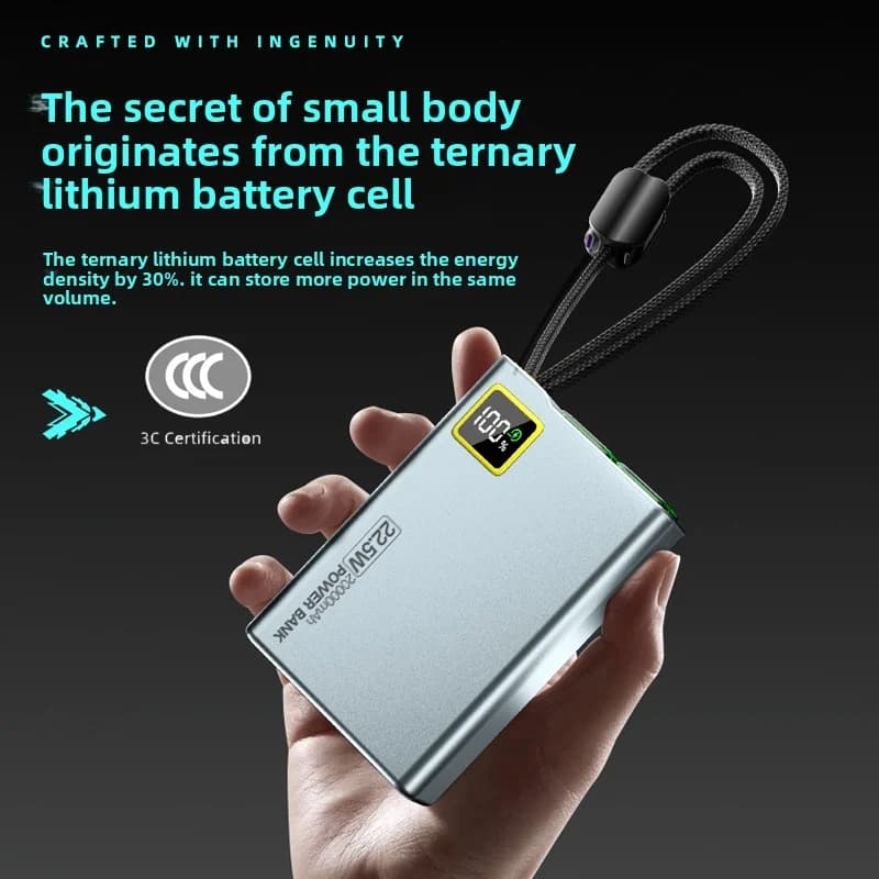 Power Bank a ricarica super veloce da 22,5 W 20000 mAh con cavo integrato, custodia in metallo, PD QC 3.0, batteria esterna certificata CCC