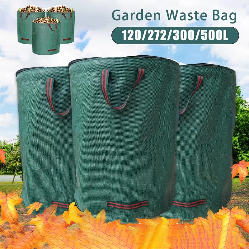 Sacco per Rifiuti da Giardino 120-500L con Coperchio, Pieghevole, per Raccolta Foglie, Bidone Riutilizzabile per Giardinaggio