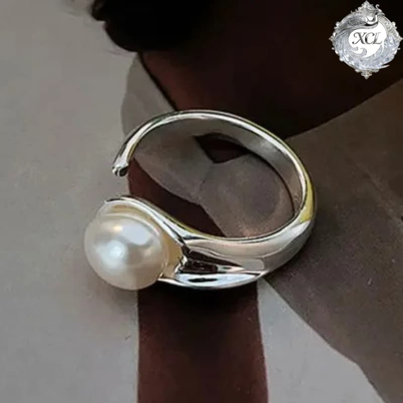 Anello Aperto in Argento Sterling S925 con Perla XCL, Design di Nicchia, Lusso Leggero, Alta Gamma, Alla Moda, Trendy, Gioiello Regolabile per Donne