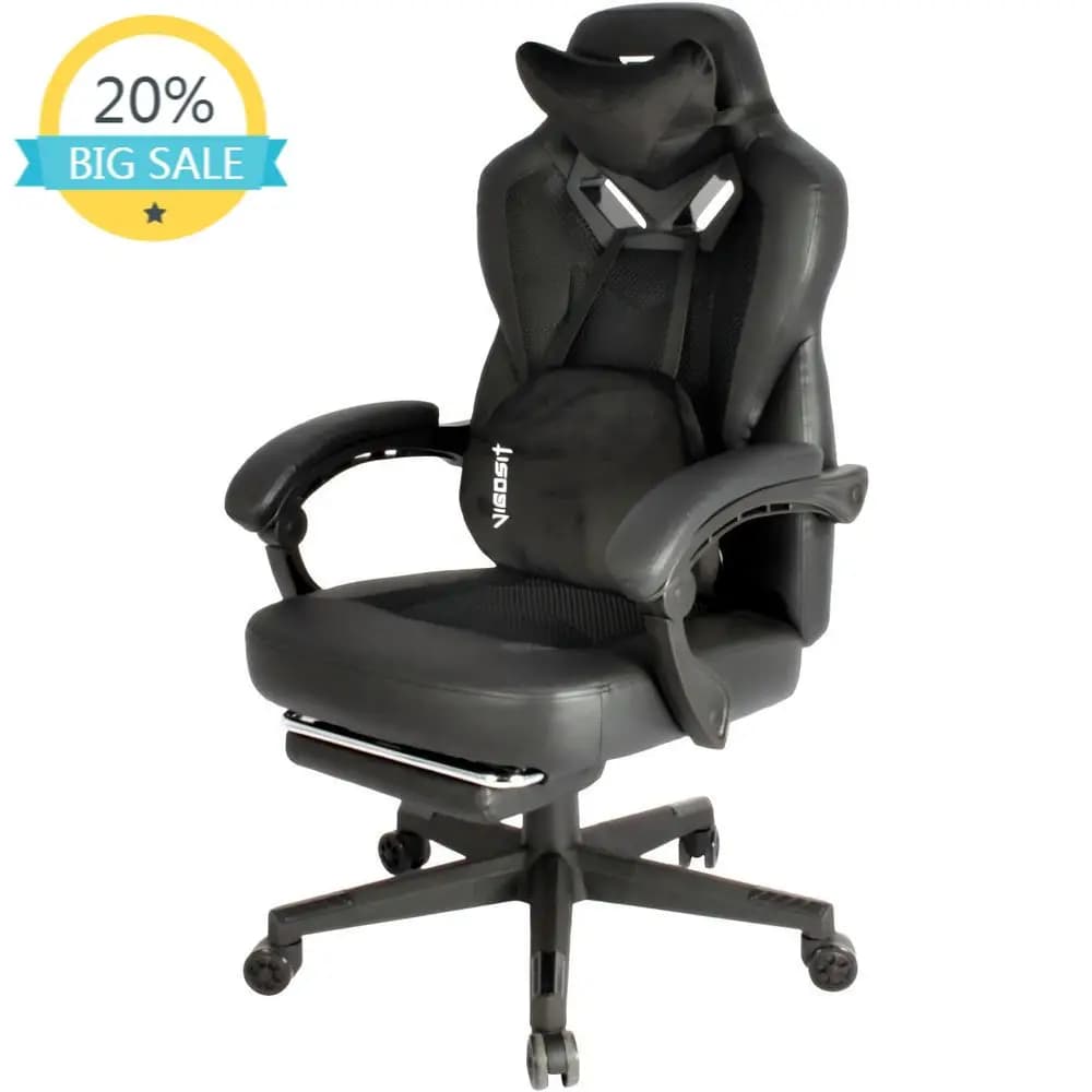 Sedia da Ufficio Ergonomica Reclinabile per Gamer, con Massaggio e Supporto Lombare, Seduta Grande e Alta in Rete con Cuscino e Poggiapiedi (Nera)