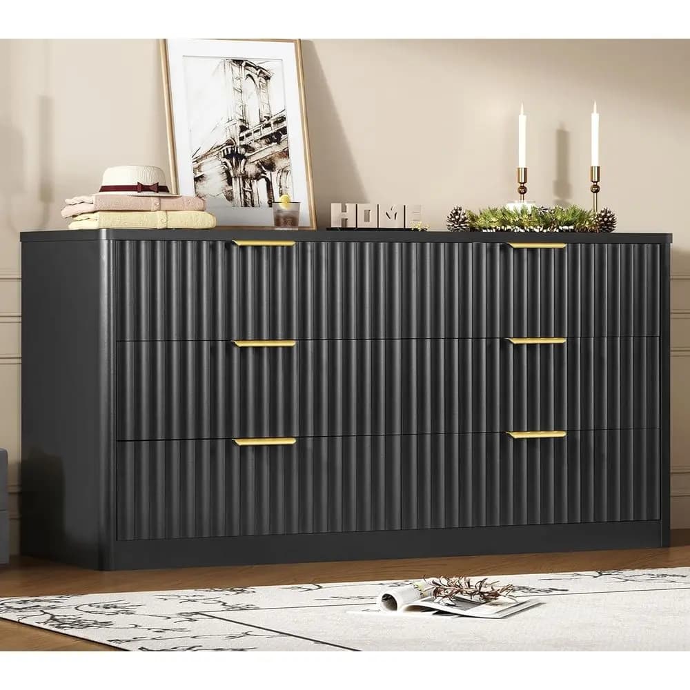 Fluted 6 Drawer Dresser for Bedroom, Wide Modern Chest of Drawers with Metal Handle, Curved Profile Design, Wood Closet Clothes