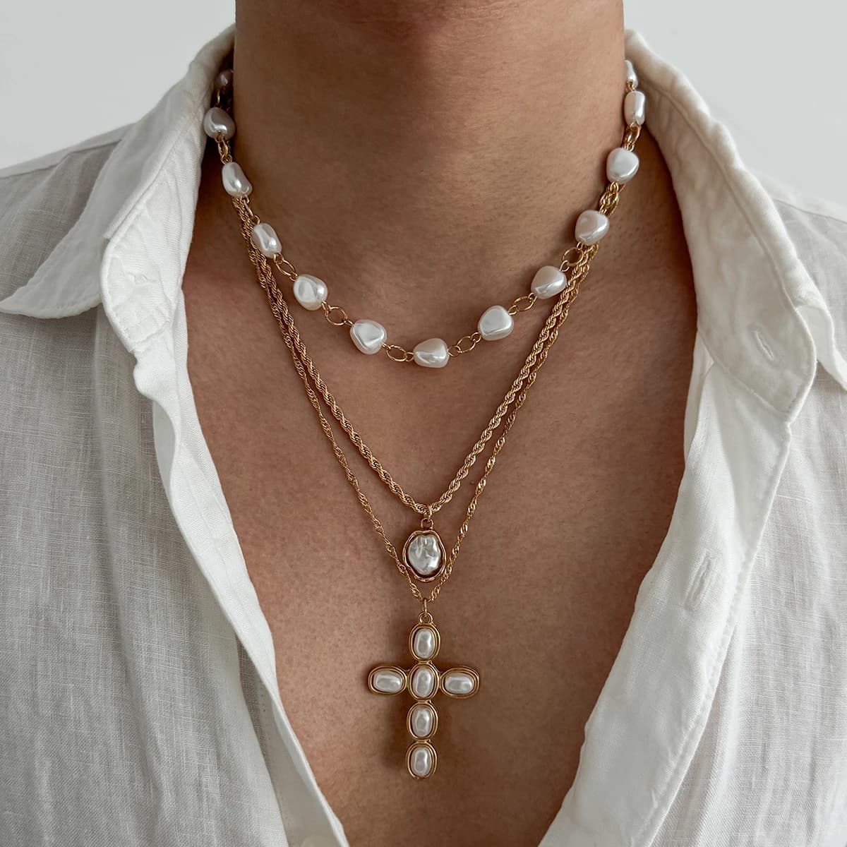 Salircon 3 Pcs/Set Hip Hop Jesus Cross Pendant Necklace for Men New Fashion Imitation Pearl Choker Necklace Charm Jewelry Gifts