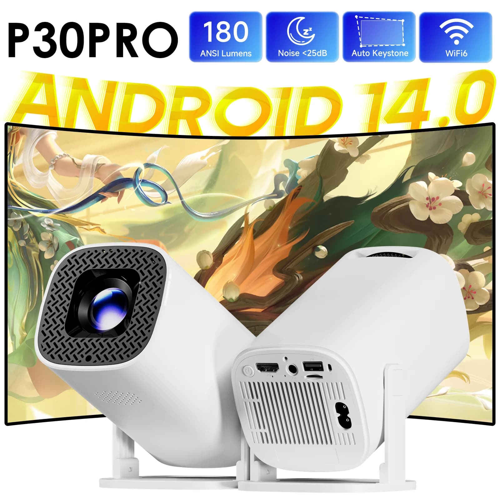 HONGTOP P30PRO Mini Smart Projector 4K Resolution 1280x720P Android 14 WiFi6 BT 5.0 Portable Projector for Home Cinema and External Use