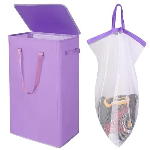 Cesto per Bucato Odonata 75L Slim con Coperchio, Grande Cesto Pieghevole con Sacca Rimovibile e Manici, Alto e Richiudibile