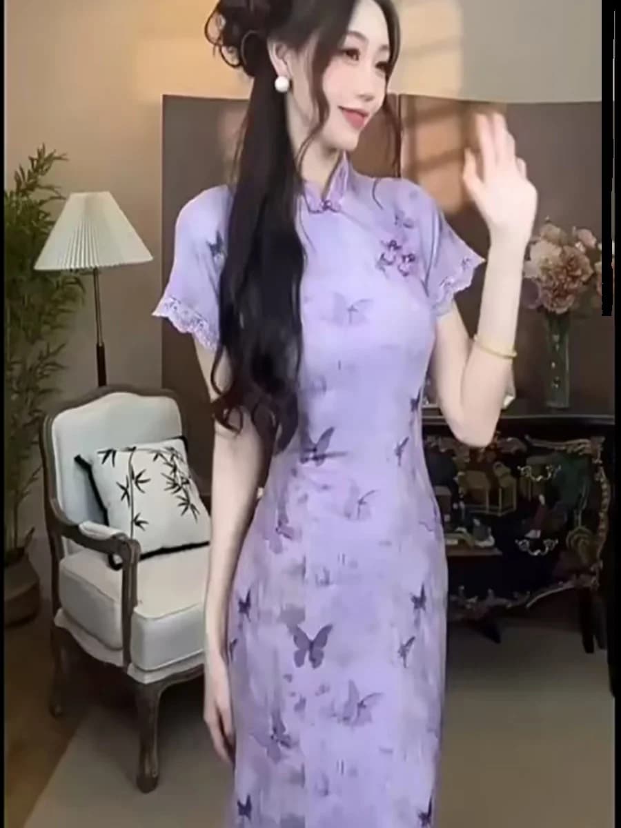 Elegant Purple Print Lace Splicing Dress Women's Summer New Gentle Style Long Skirt Polyester Fiber