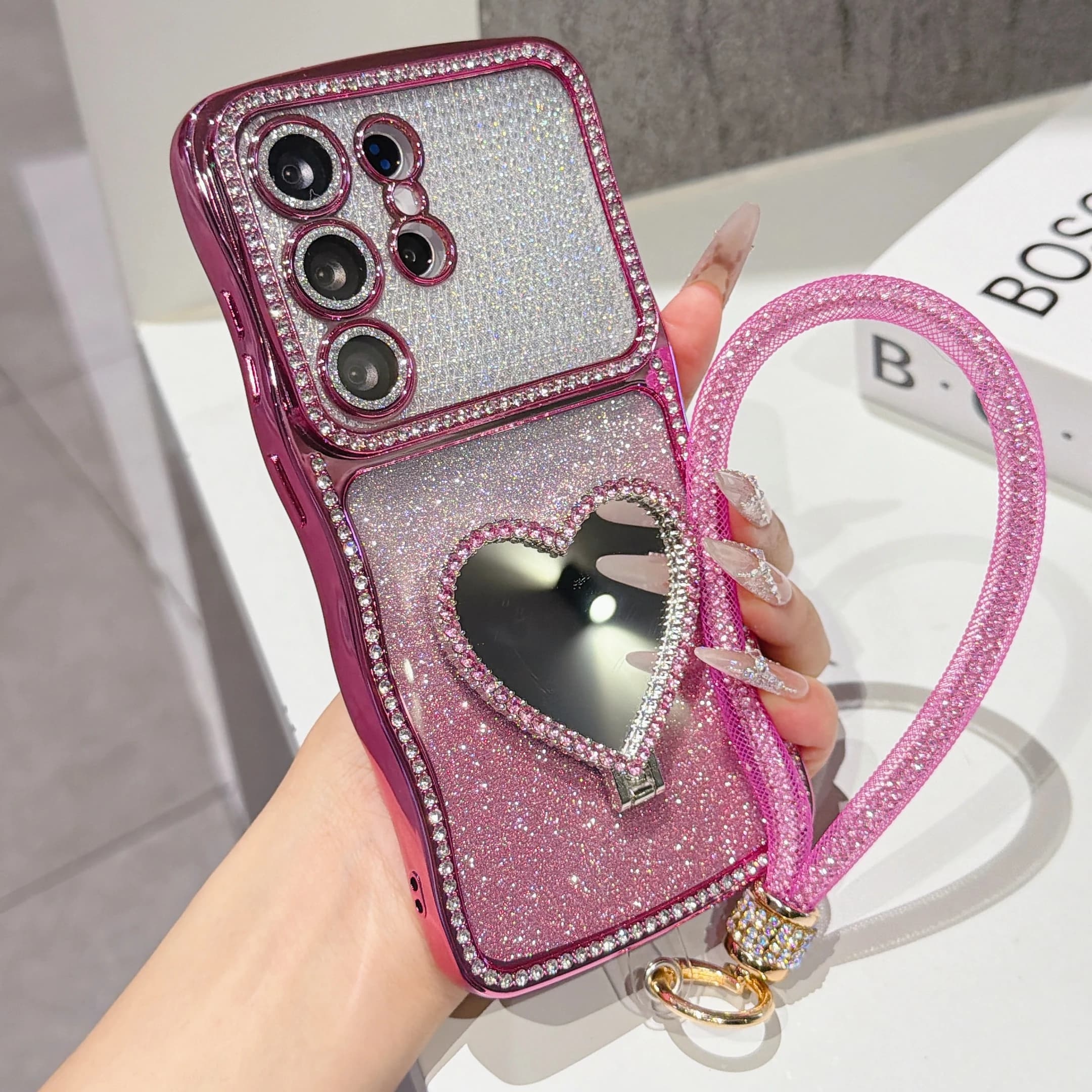 Custodia per telefono con strass glitterati sfumati per Samsung Galaxy S26 Ultra S25 S24 Plus, con specchio a forma di cuore, supporto e cinturino, cover bling