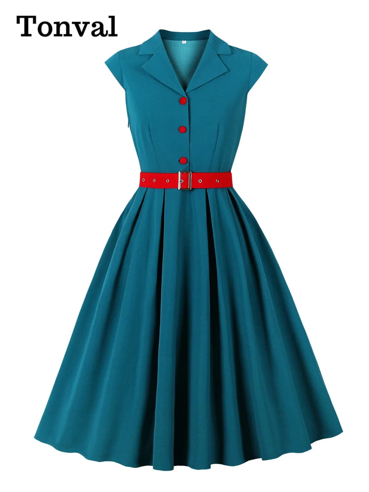 Tonval Colletto dentellato Manica ad aletta A-Line Abito lungo estivo 2025 Donna Tinta unita Vintage Button-Up Abiti blu pavone con cintura rossa