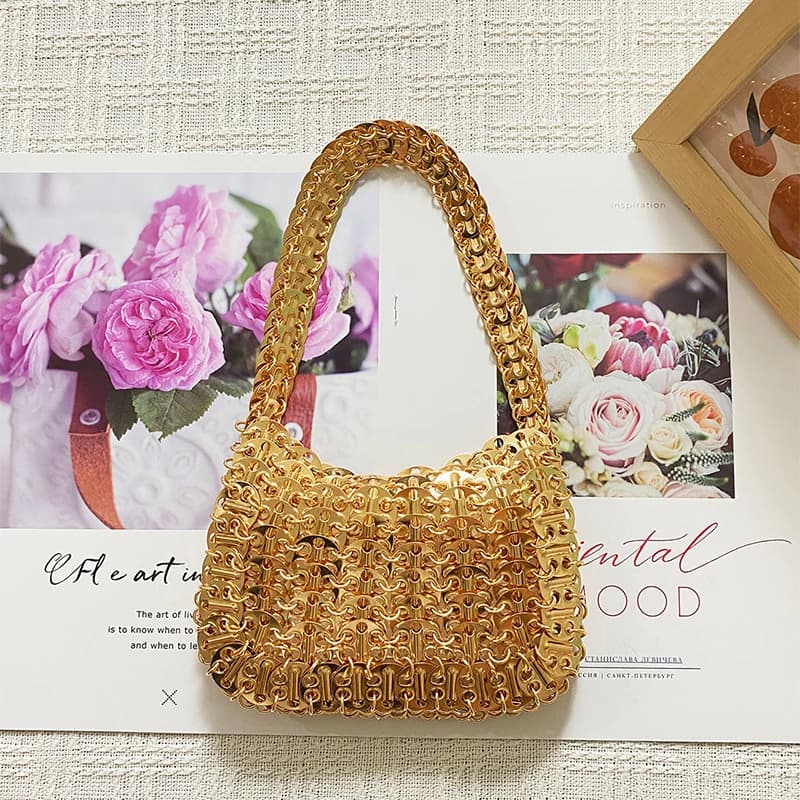Borsa da pranzo con tessitura di perline fatta a mano, piccola borsa quadrata con paillettes in metallo lucido in stile europeo e americano vintage