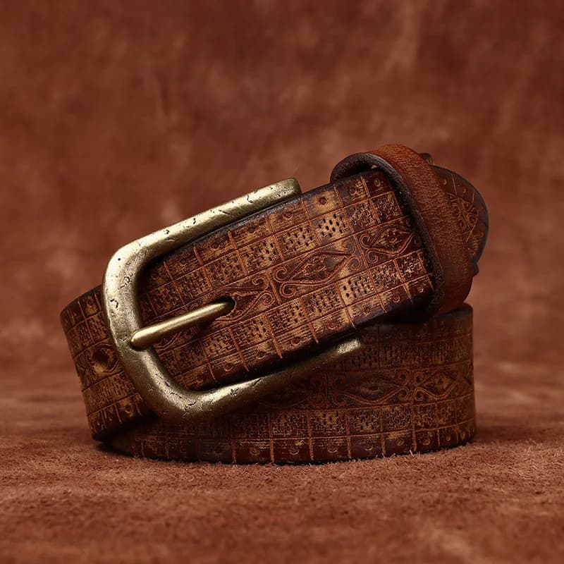 3.8CM High Quality Pure Cowhide Genuine Leather Men's Engrosar Brass Buckle Belts Laser Engraving Waistband Male Belts for Men