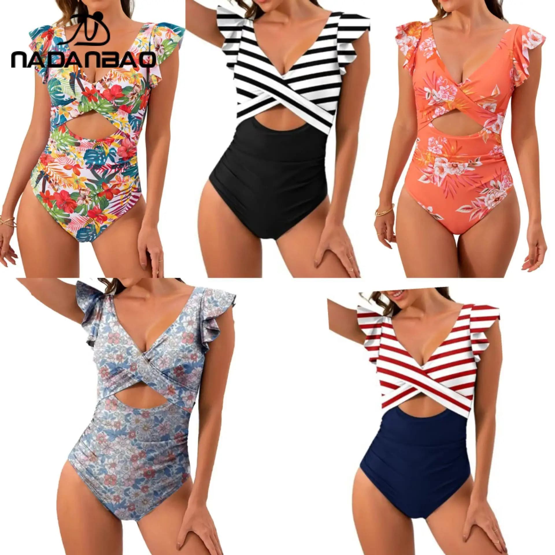 Nadanbao Fashion Elegance One-Piece Swimsuit Women Plicated Bikini Female Hollow Out Backless Flounce Beach Party Swimming Suit
