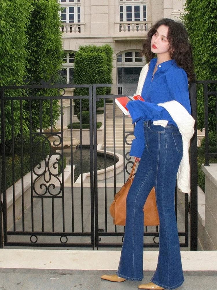 Retro High Waist Slimming Micro Flared Pure Cotton Denim Jeans Women's Slim Fit Casual Long Pants Elegant Vintage Style