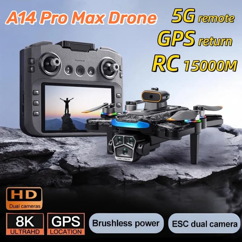 Drone A14Pro Max con Tre Telecamere 8K HD, GPS, Motore Brushless, Flusso Ottico, Evitamento Ostacoli, Schermo Grande da 4,5 Pollici, UAV RC 18000M