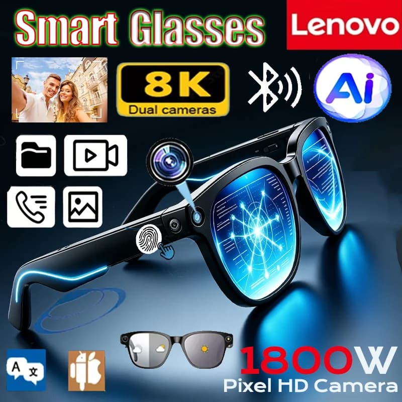 Lenovo 8K 1800MP AI Smart Wireless Glasses Bluetooth Sunglasses Remote Control Touch Photo Recording Voice Assistant Translator