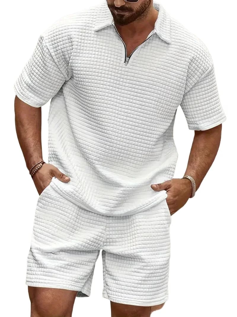 Completo sportivo estivo da uomo 2026: Nuovo completo casual di tendenza con pantaloncini e maglia a maniche corte in waffle a tinta unita con risvolto