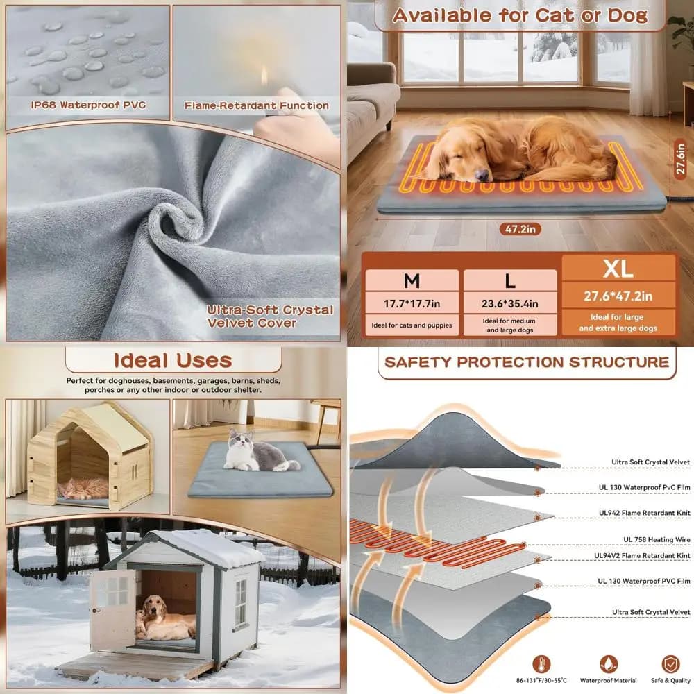 Letto per animali riscaldato da esterno extra large impermeabile per cani e gatti, 47,2x27,6 pollici, coperta riscaldante ideale per uso invernale all'aperto