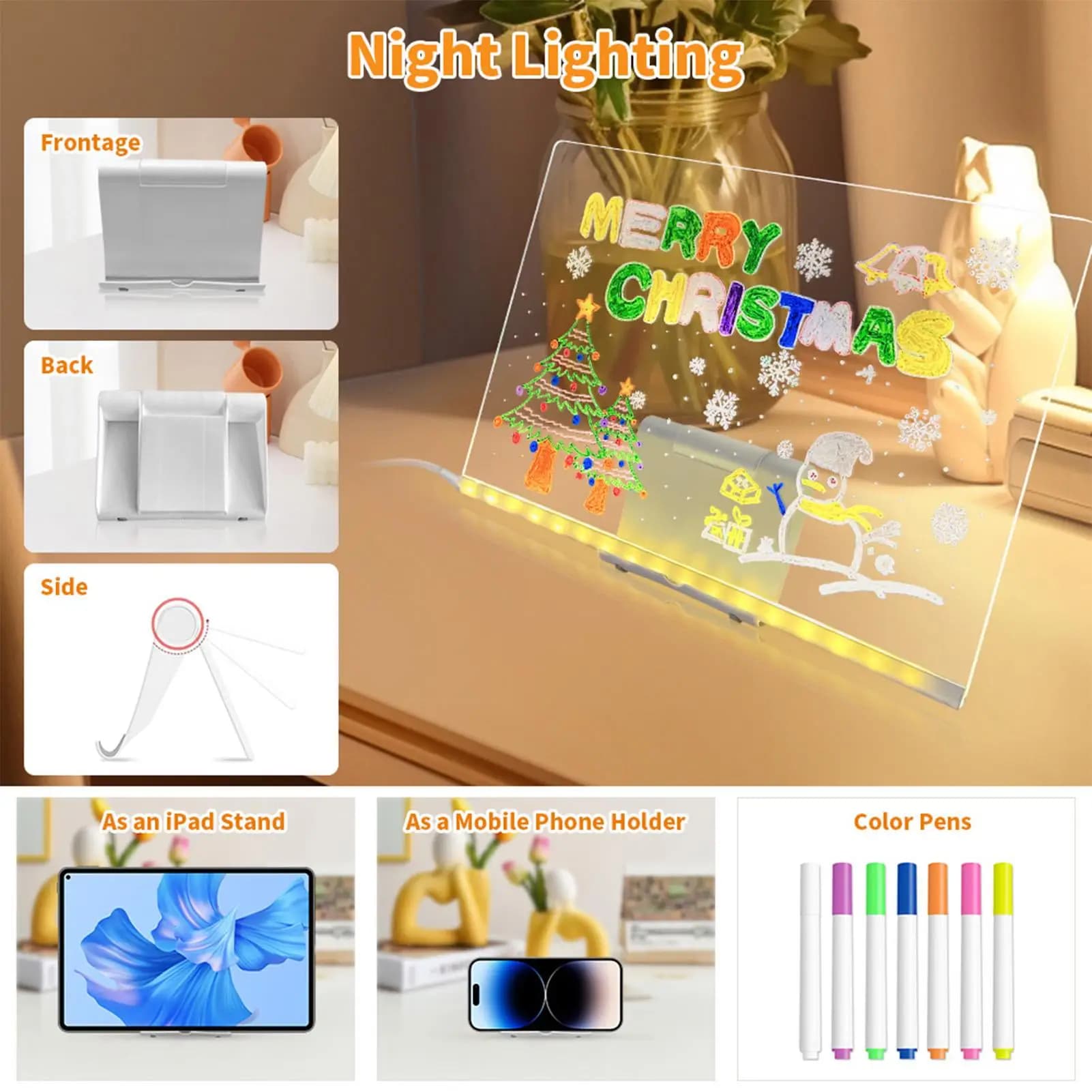 Tavolo da disegno a LED Tavoletta in acrilico trasparente con penne a 12 colori e supporto pieghevole Lavagna luminosa a LED cancellabile a secco per arte giovanile ragazza ragazzo