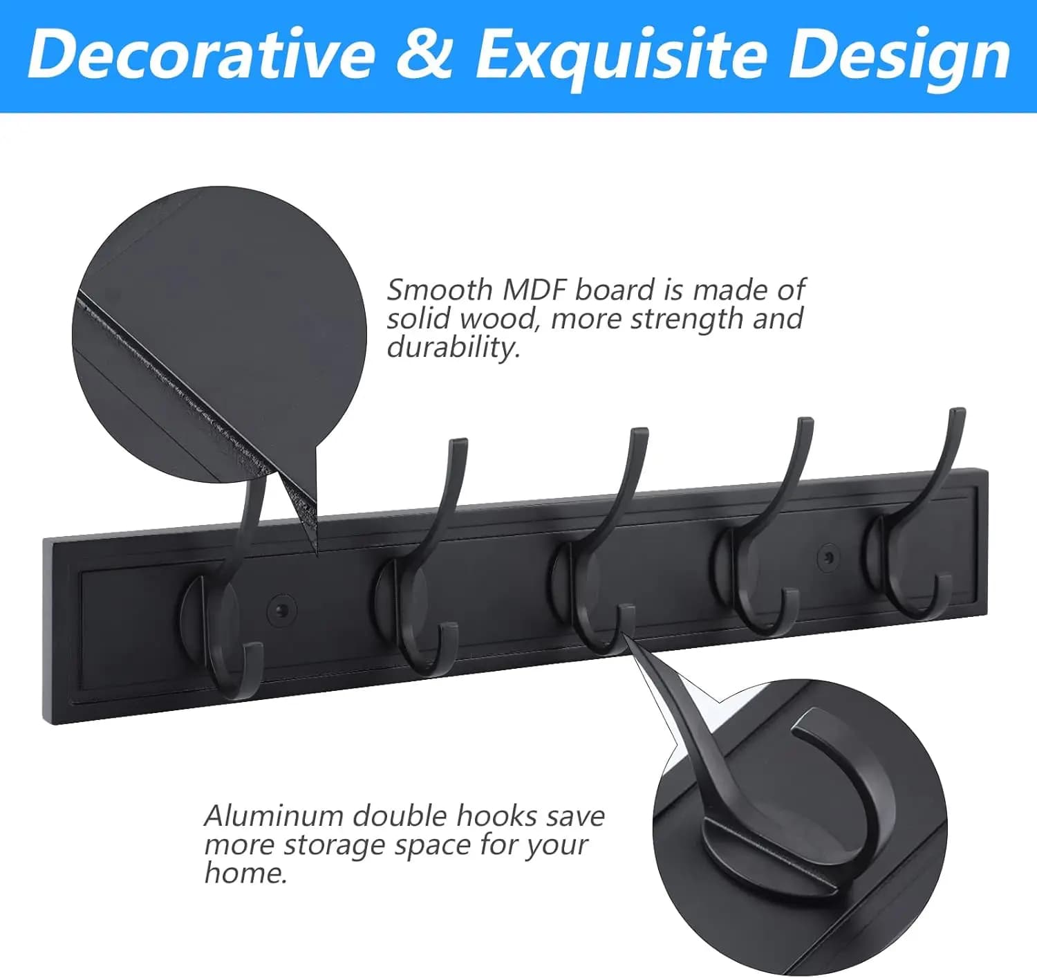 Appendiabiti da Parete Nero, Ganci Appendiabiti in MDF da Parete per Appendere Cappotti, Porta Cappelli Decorativo da Parete da 68 cm con 5 Ganci