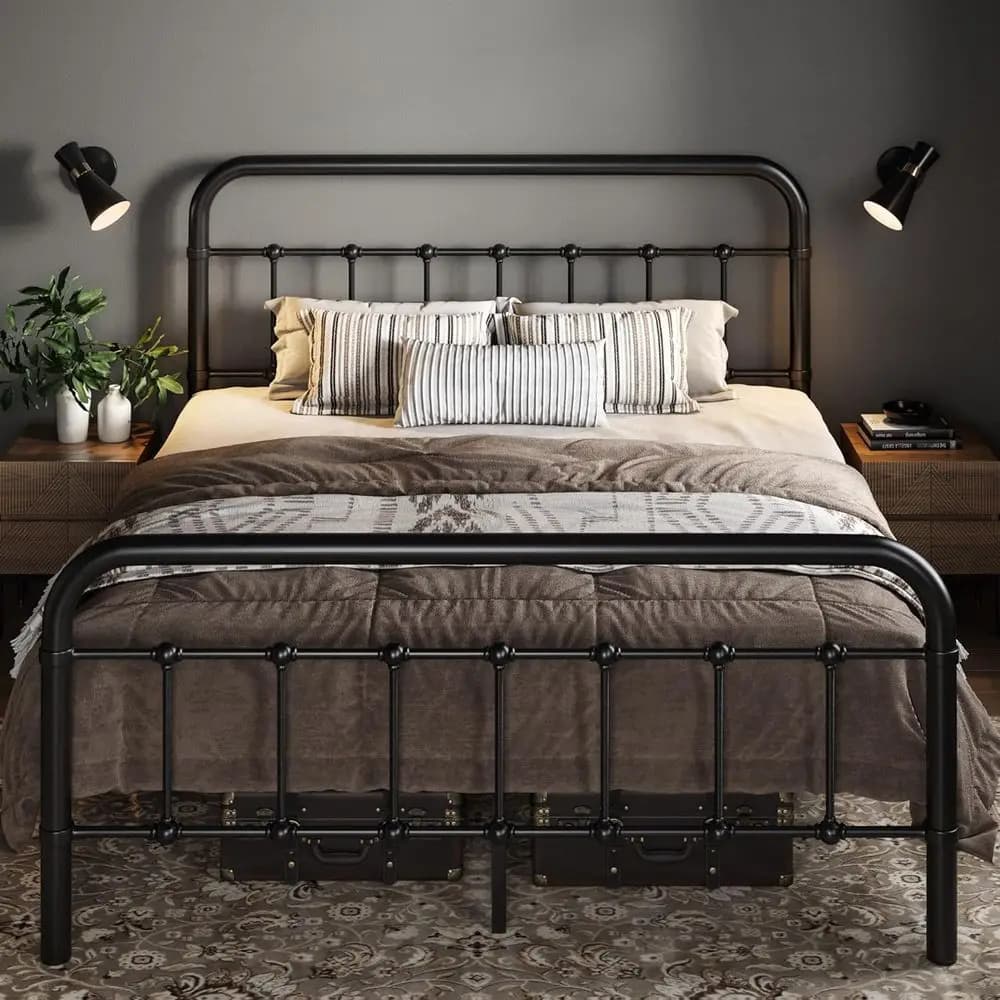 Letto a piattaforma in metallo di dimensioni standard con pannello/ornamento in ferro battuto in stile italiano, non richiede rete a molle, nero