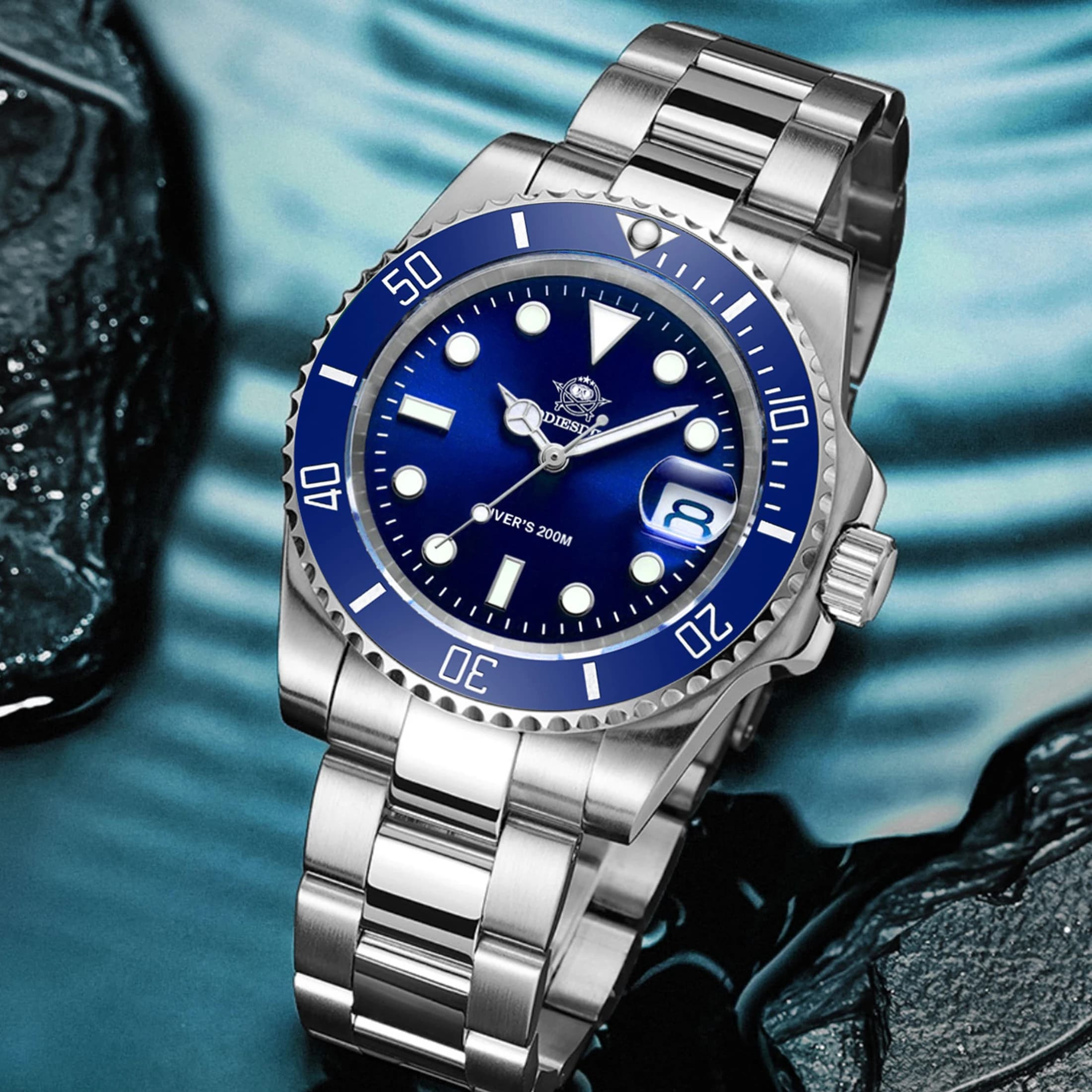 ADDIESDIVE Fashionable stainless steel quartz watches with calendar, waterproof wristwatch up to 200 m, super bright, reloj hombre