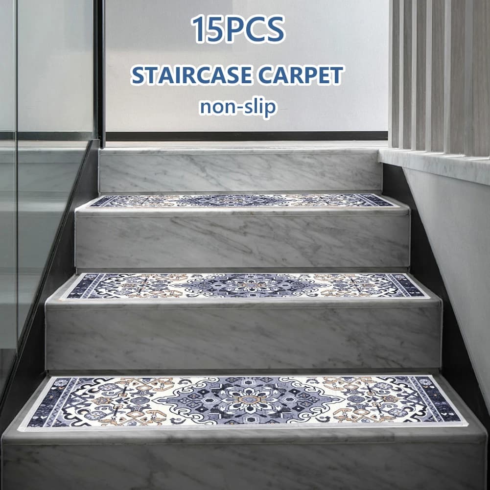 15PCS Indoor Stair Rugs Self-adhesive Backing Non Slip Indoor Skid Stair Tread Reusable Bohemian for Dogs Kids & Elder
