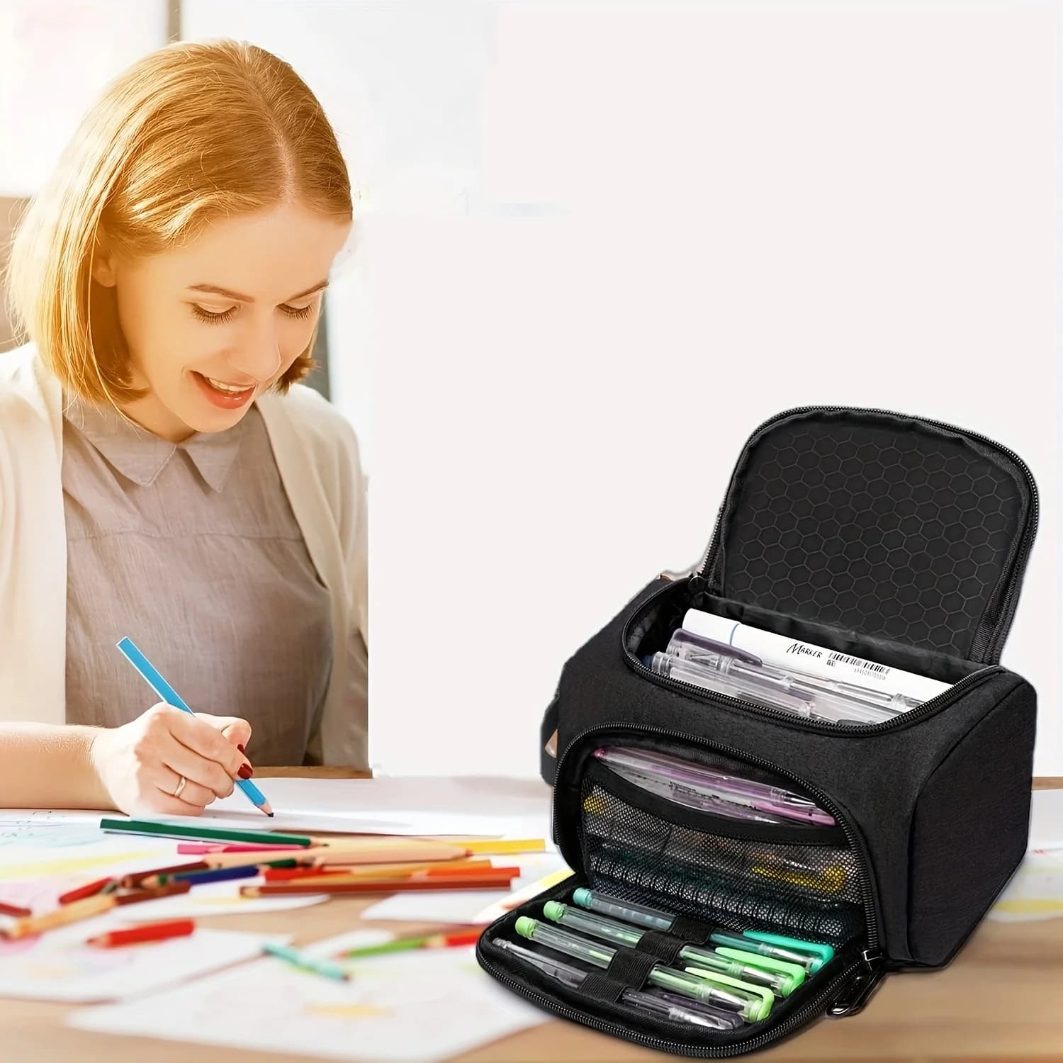Astuccio per matite di grande capacità Organizzatore multiscomparto in poliestere con manico Portatile durevole per regalo per adolescenti in ufficio scolastico
