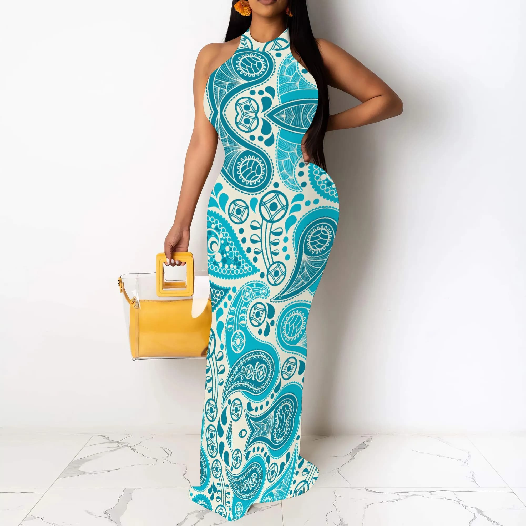 Abito lungo aderente blu Paisley Boho Halter Abito lungo senza maniche per la festa estiva in spiaggia