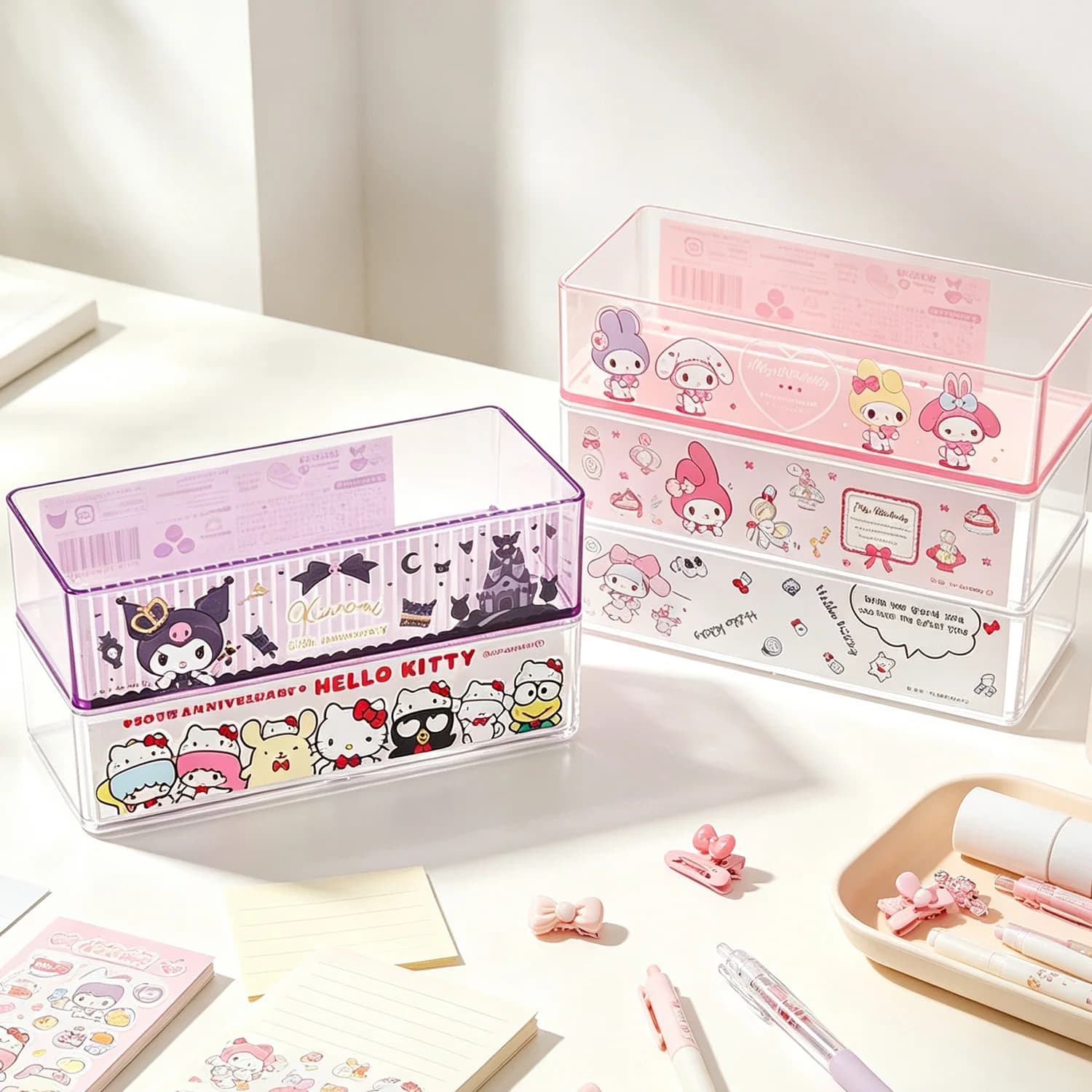 Kuromi My Melody Hello Kitty Print Clear Desktop Organizer for Stationery Cosmetics Table Home Tidy Storage Caddy`