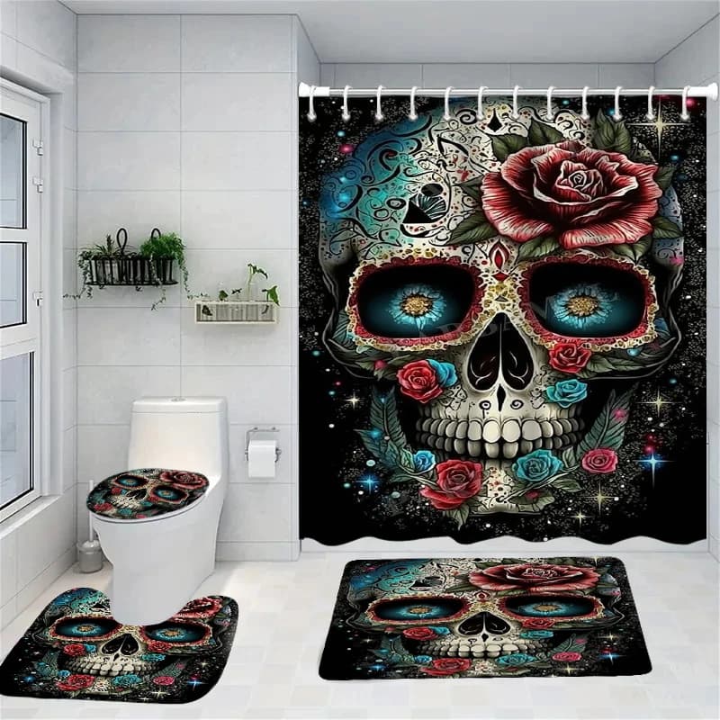 Tenda da doccia con teschio di Halloween Set da bagno semplici Tappeto da bagno antiscivolo impermeabile WC U con 12 ganci Home Deco Occhio della nave libera