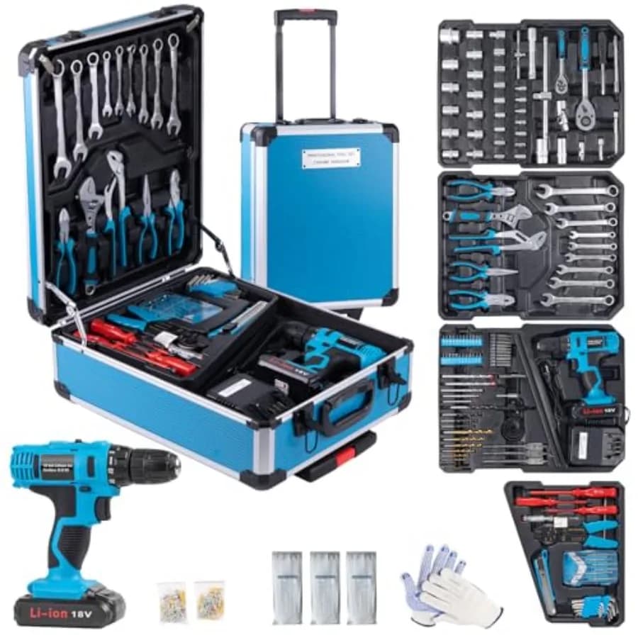 Set di Utensili da 346 Pezzi, Trapano Elettrico 18V, Kit di Attrezzi Manuali per Casa e Fai-da-Te, 18+1 Utensili con Frizione Senza Fili