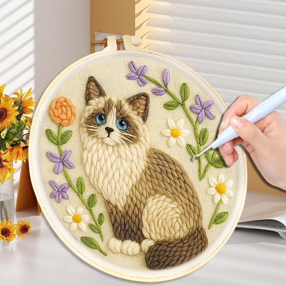 CHENISTORY Kit Punch Needle 20x20cm con Telaio da Ricamo, Set Iniziale Fai da Te Punch Needle Gatto Volpe Divertente per Principianti, Artigianato di Cucito