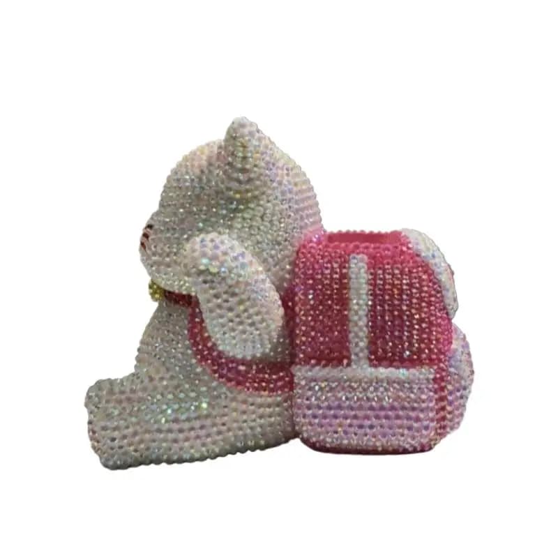 Rhinestone White Cat Figurine DIY Hand-applied Crystal Makeup Brush Pot Blinged Shiny Animal Sculture Kids Gift Home Decor