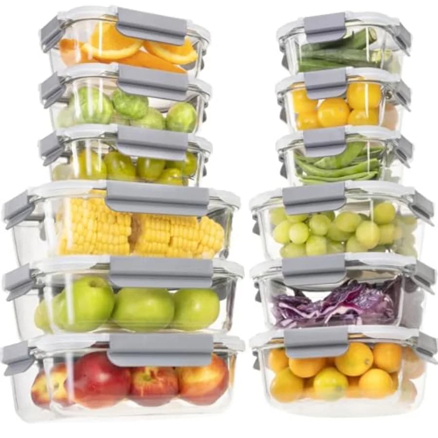 Set di 24 Contenitori in Vetro per Alimenti con Coperchi, Contenitori per Preparazione Pasti con Chiusura Ermetica, Contenitori in Vetro per Pranzo