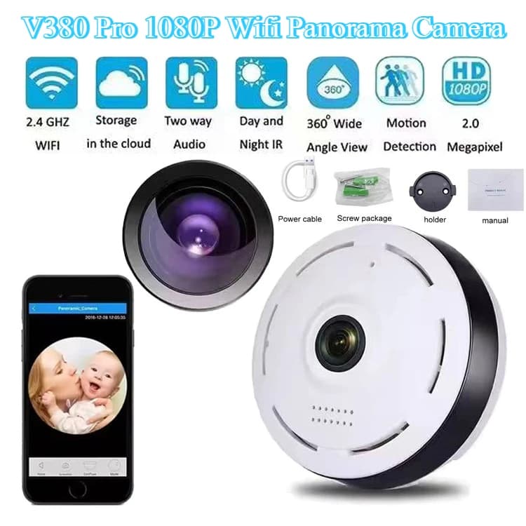 Telecamera Panoramica V380 Pro 1080P Wifi, Videocamera IP a 360 Gradi con Visione Notturna per Sorveglianza