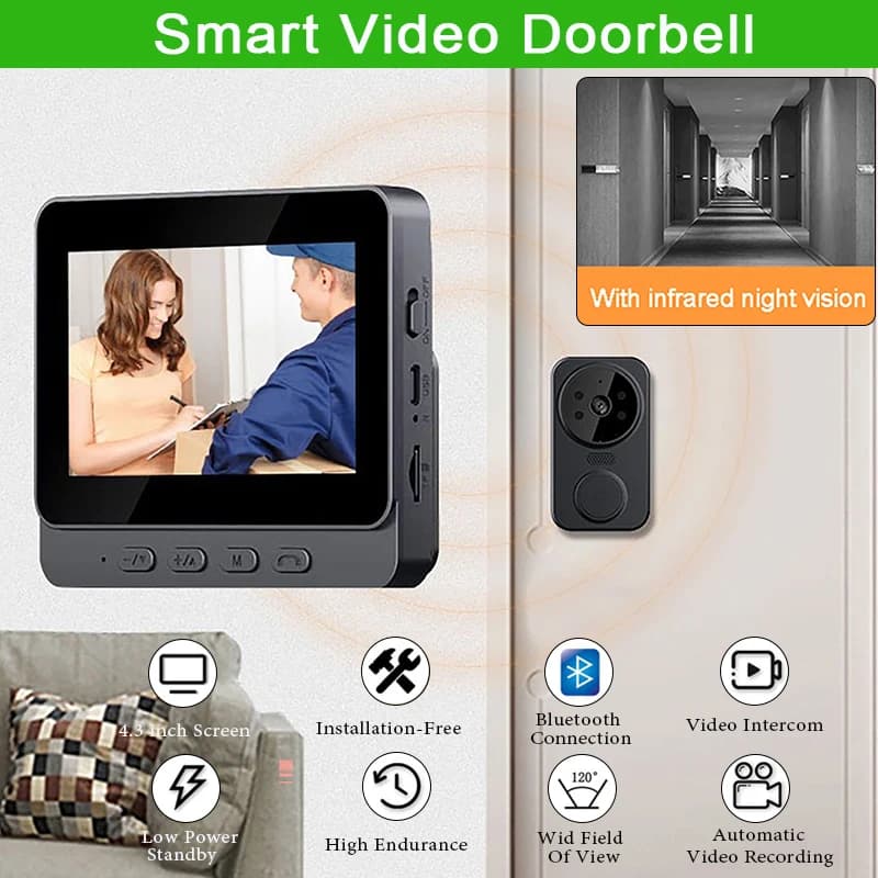 Campanello visivo per la sicurezza domestica intelligente Display da 4,3 pollici Campanello per porta video wireless con visione notturna a infrarossi ad alta definizione impermeabile
