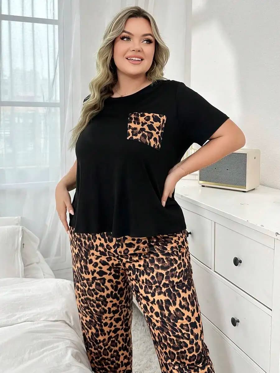 Plus Size Women Leopard Print Short Sleeve Top And Long Pants Pajama Set