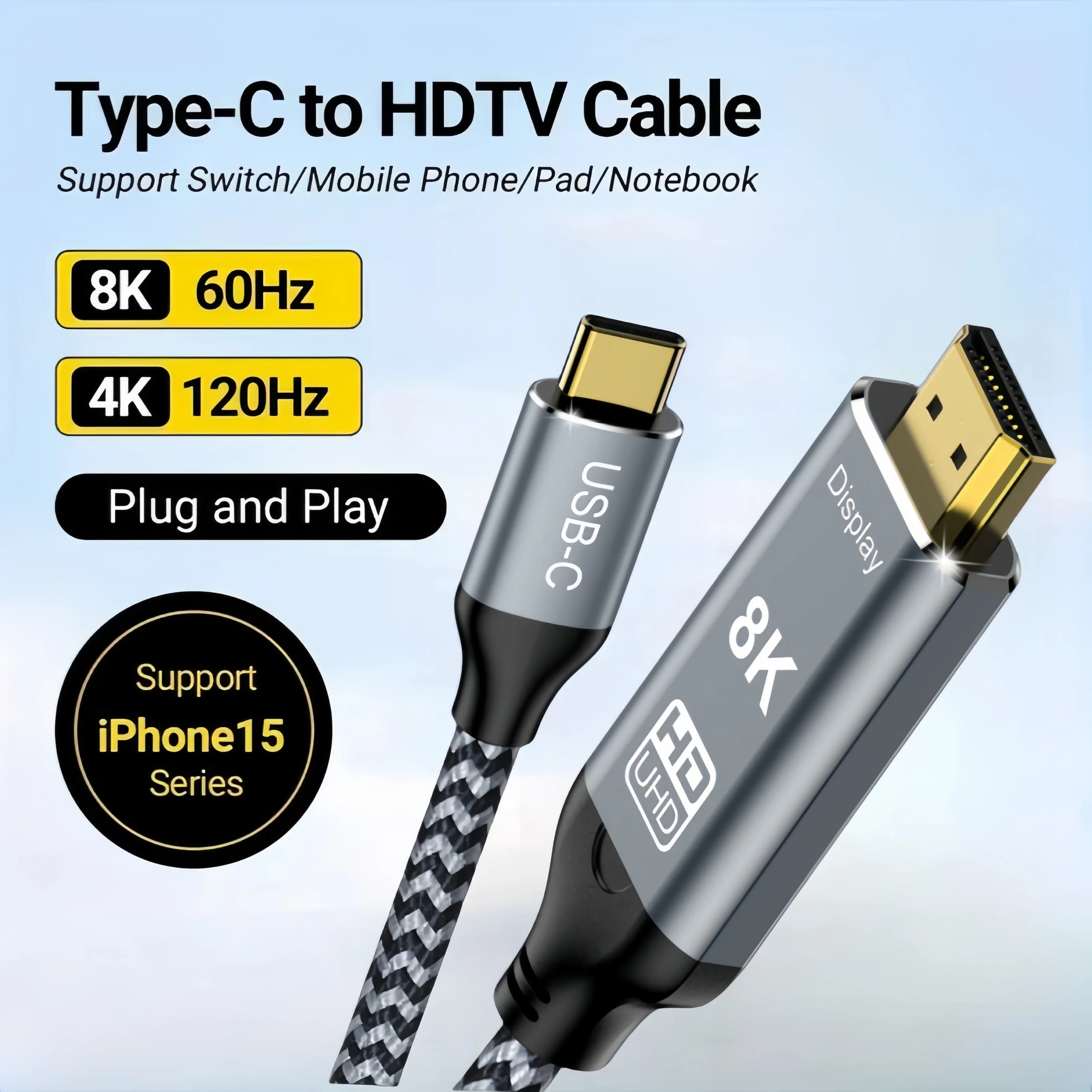 USB C compatible cable to HDMI 8K 4K Type C to HDMI 2.1 Thunderbolt 3 from 4 to 8K60Hz 4K120Hz for iPhone 15 MacBook Huawei Mate30