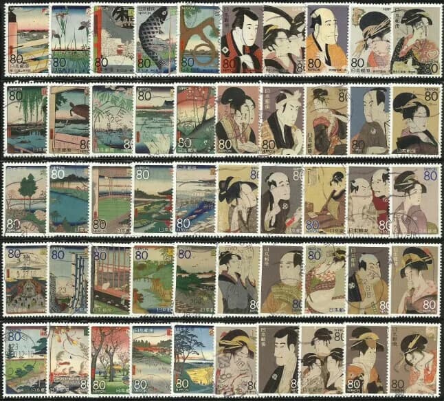 Real Stamped Japan Post Stamps Japanese Local Edition Ukiyo-e Complete Set 50 Collectible Postage Stamps Material For Scrapbook