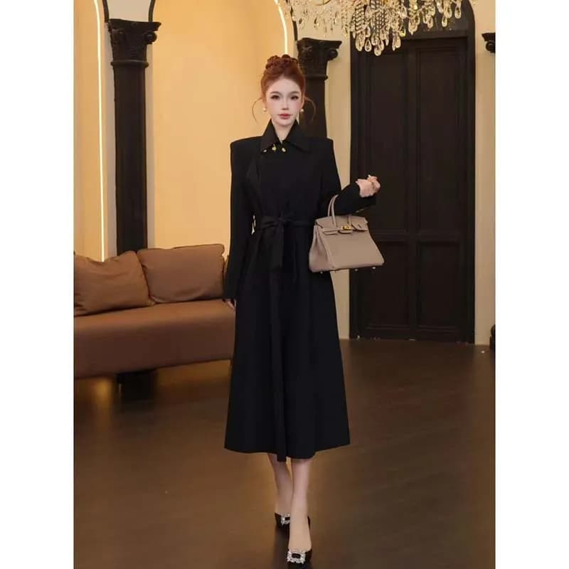 Abito Soprabito Nero con Cintura, Elegante, da Damigella, a Maniche Lunghe, Vita Alta, Gonna a Trapezio, in Fibra di Poliestere, Nuovo Arrivo Autunnale