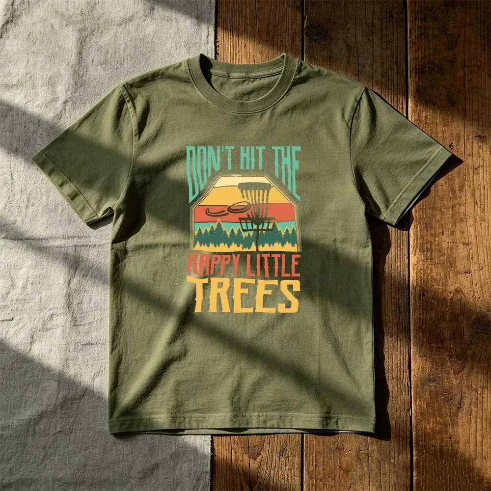 DON'T HIT THE HAPPY LITTLE TREES Graphic Men T‑Shirt Retro Disc Golf Funny Outdoor Sport Forest Humor Casual Short Sleeve Tee