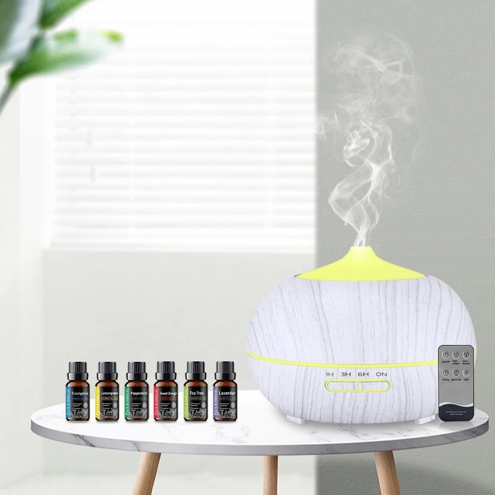 Diffusore di oli essenziali con venature del legno da 550 ml con telecomando, 7 colori LED e umidificatore ad ultrasuoni a 6 oli
