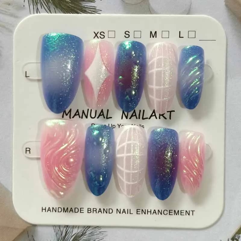 10Pcs Sparkling Cat Eye Wearing Armor High-quality 3D Relief Short Almond Summer Beach Shell Nail Plate Fake Nails Tips Nail Art