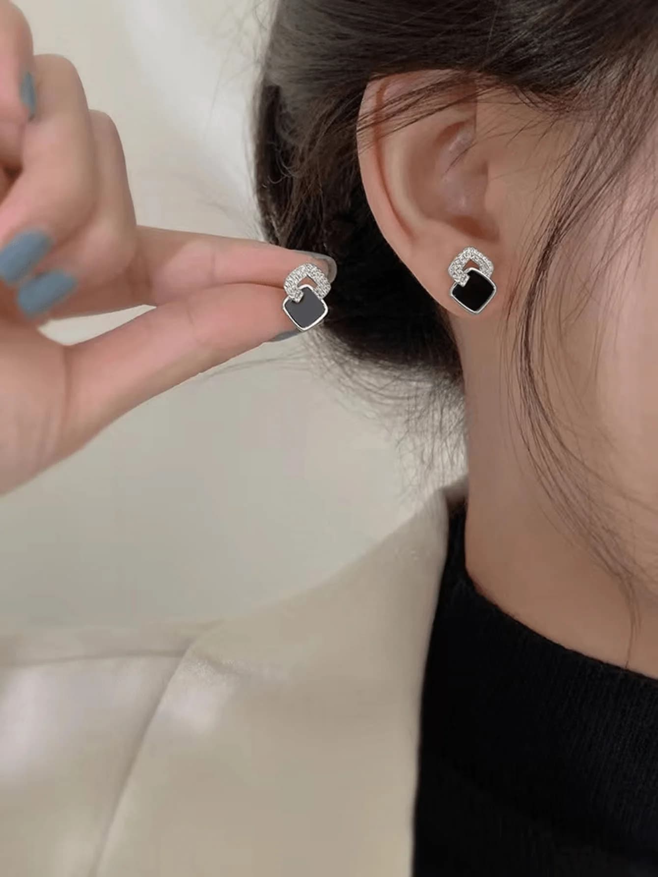 Black Square Stud Earrings With Cubic Zirconia Accents