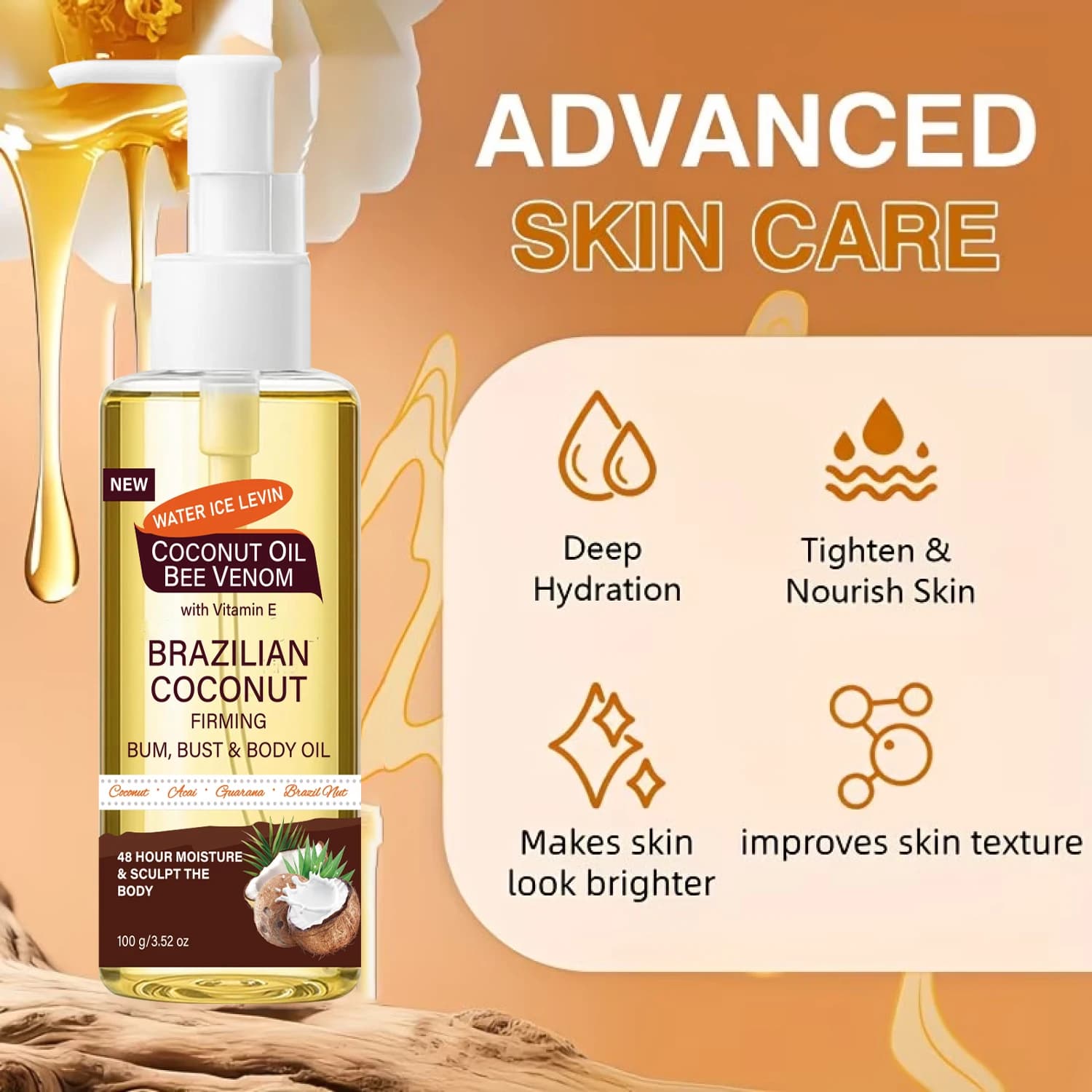 Olio Corpo Rassodante al Cocco Brasiliano con Veleno d'Api e Vitamina E, Idratazione a Lunga Durata per Glutei, Seno e Corpo, 100g - Offerta Imperdibile
