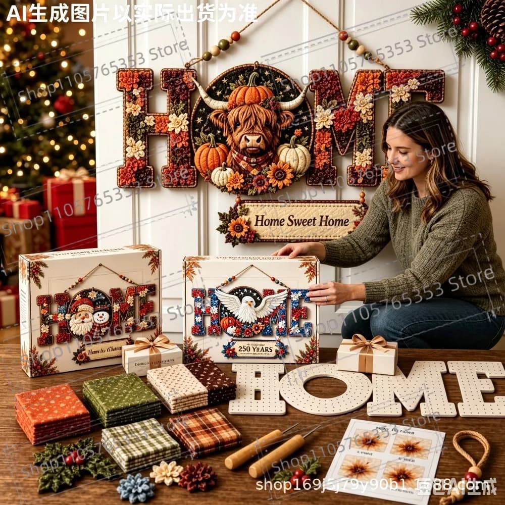 DIY Fabric Poke Art HOME Sign Kit,Christmas Punch Needle Craft Kit,Fabric Poke Art Kit for Adults HOME Letter Door Hanging Decor