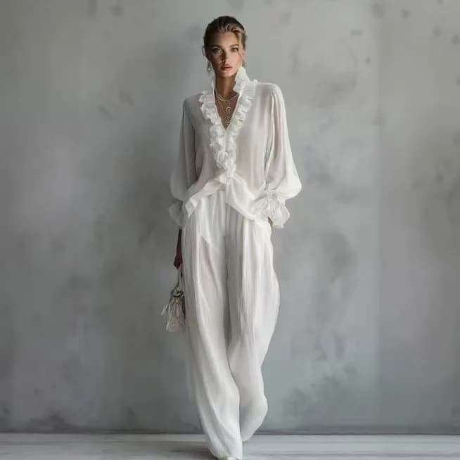 Woman Solid Ruffles Pants Set Sexy V Neck Long Sleeve Blouse Shirts High Waist Wide Leg Trousers Suit Sets Summer Vacation Set